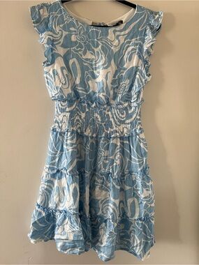 Blue White Swirl Print Smocked Waist Ruffle Mini Dress Small Coastal Vacation